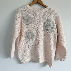 Vintage Pale Pink Floral-Appliqué Crewneck Sweater